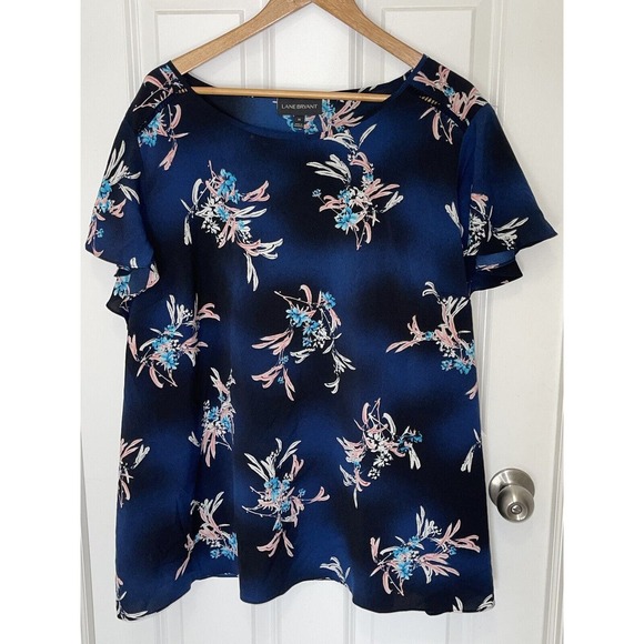 Lane Bryant Tops - Lane Bryant Women’s Top Plus Size 26 Flutter Sleeve Floral Pullover Blue Casual